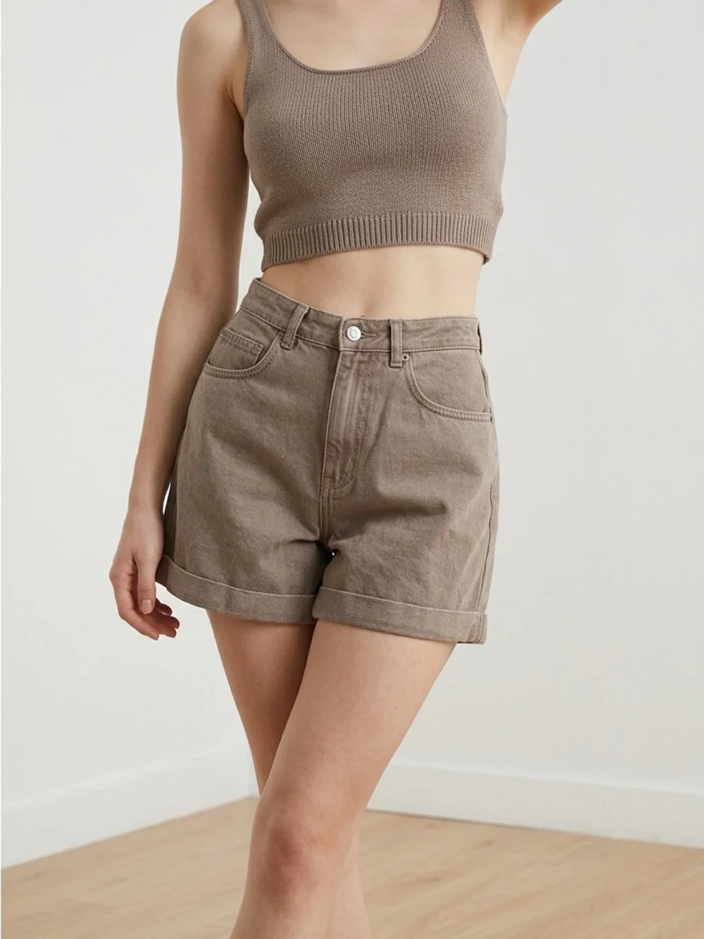 Pepe Jeans London High Rise Denim Shorts Taupe Cuffed Size 24 - Picture 2 of 12